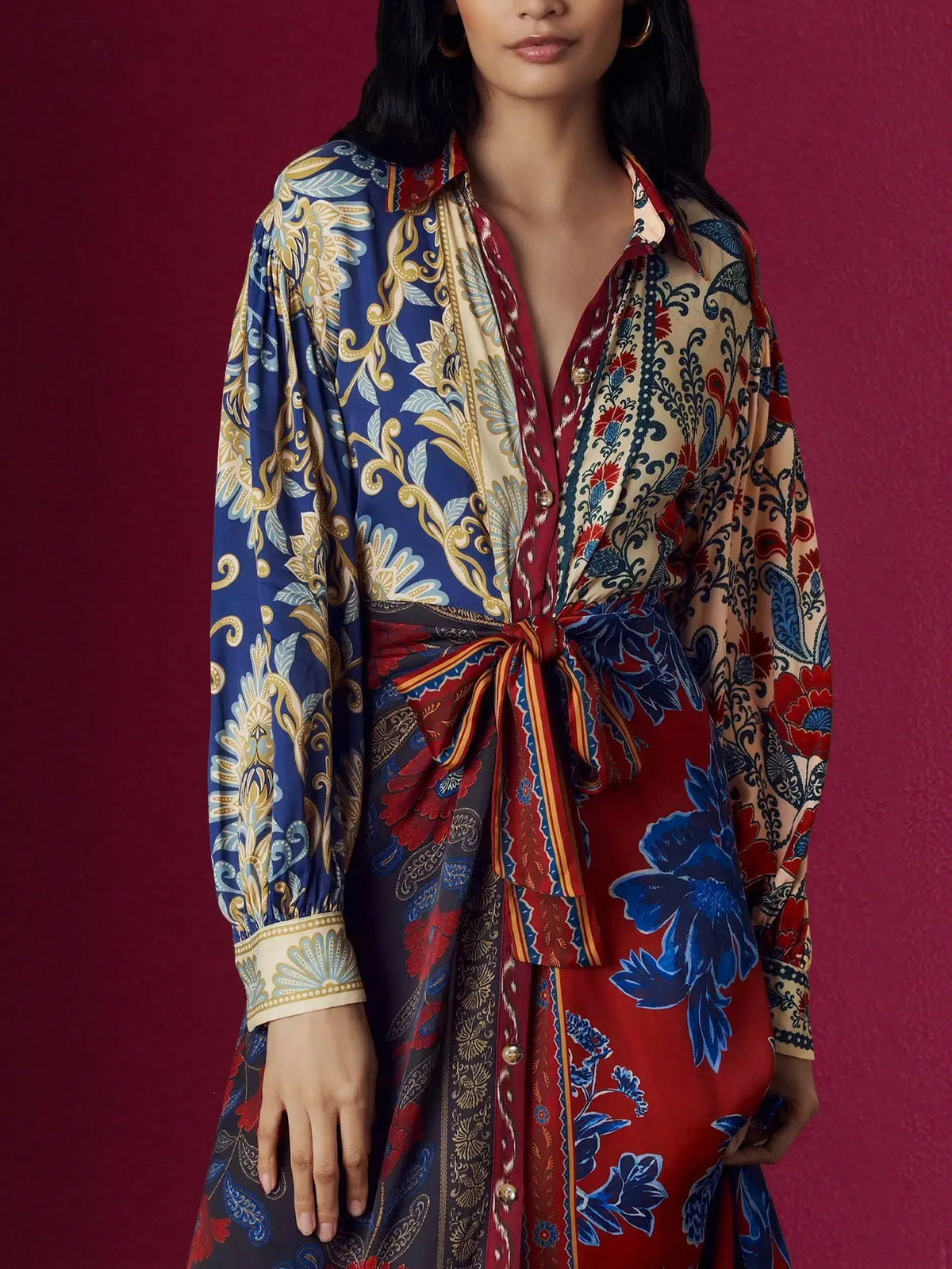 Floral Print Collar V‑Neck Long Sleeve Midi Dress