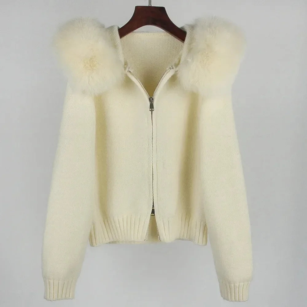 Autumn Winter Casual Hooded Real Fox Fur Collar Short Knitted Jacket