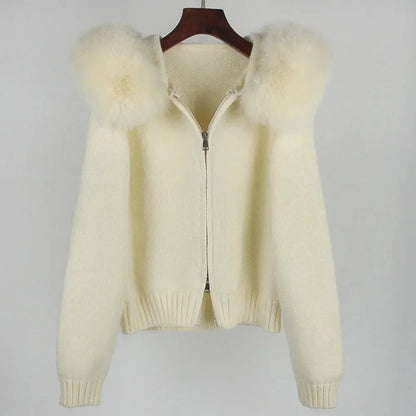 Autumn Winter Casual Hooded Real Fox Fur Collar Short Knitted Jacket