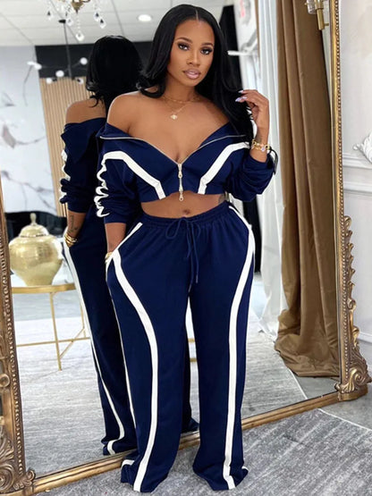 Striped Casual Two Piece Tracksuit Sports Joggers Sweatpants Matching Sets