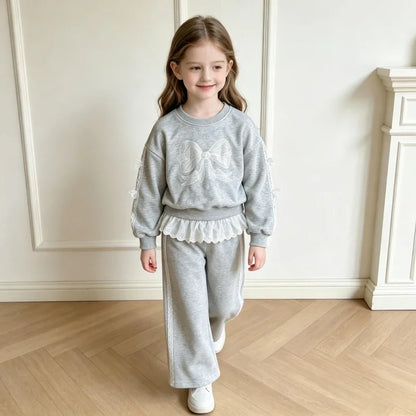 Autumn Bow Sweatshirt+Lace Patchwork Pants Set