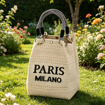 Letter Print Hollow Knit Bucket Lightweight Woven Handbag Small Tote Bag