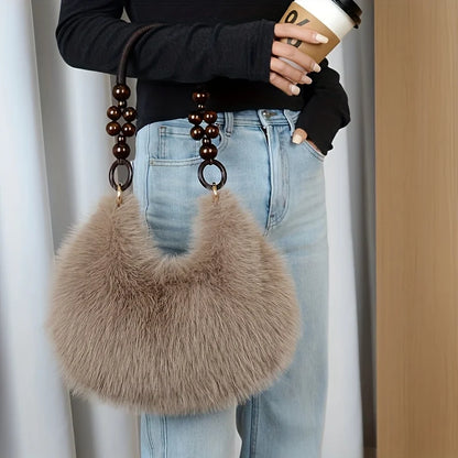 Plush Faux Tote Bead Accented Strap Zipper Closure Elegant Handbags