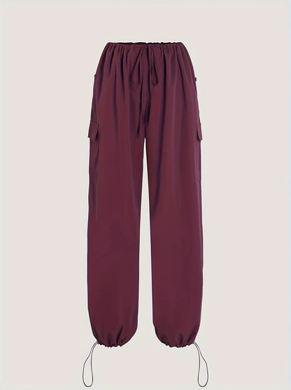 Cargo Wide Leg Elastic Drawstring Waist Pocketed Loose Fit Pants