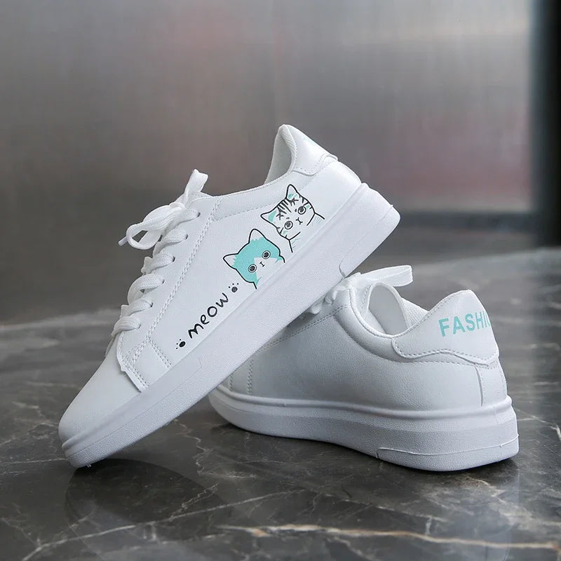 Breathable Vulcanized Cute Cat Cartoon Lace Casual Sneakers