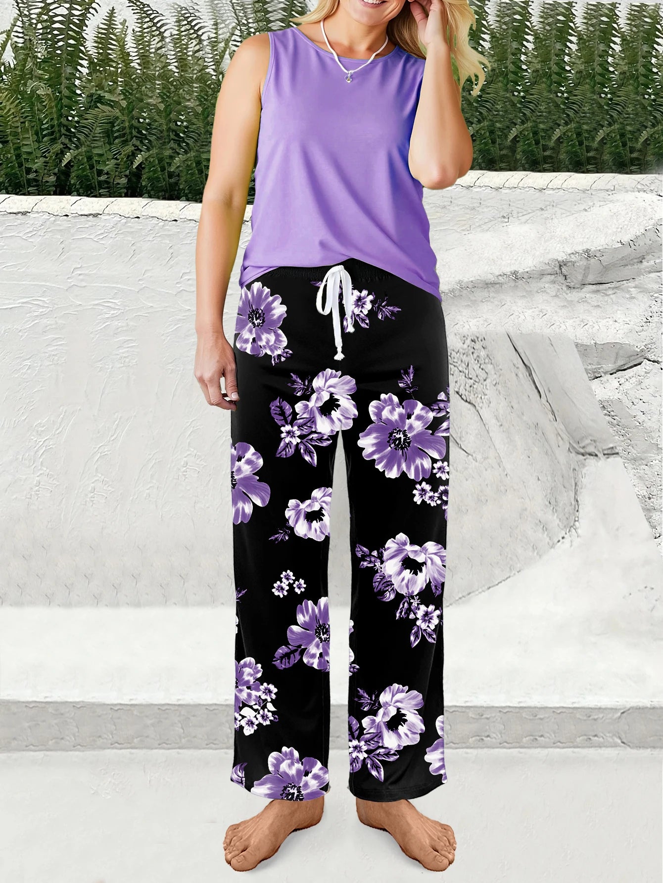 Elegant Floral Print Sleeveless Tank Top and Long Pants Pajamas Sets