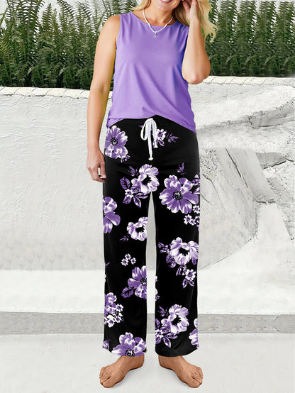 Elegant Floral Print Sleeveless Tank Top and Long Pants Pajamas Sets