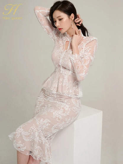 Spring Lace High Waist Mermaid Korean Skirts Suits