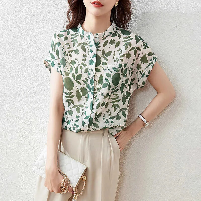 Short Sleeve Stand Collar Flower Blouses
