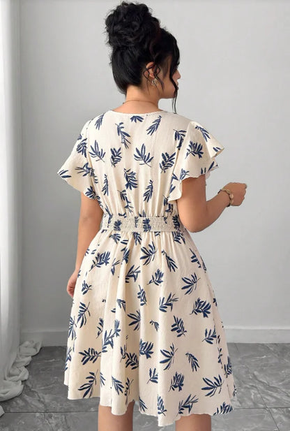 Plus Size Gentle Apricot & Navy Cotton Linen Leaf Dress