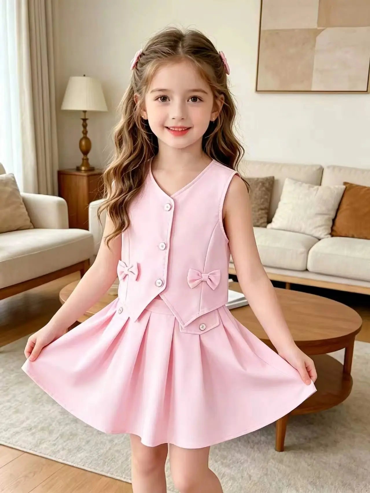 Pink Sleeveless Vest + Pleated Skirt Set
