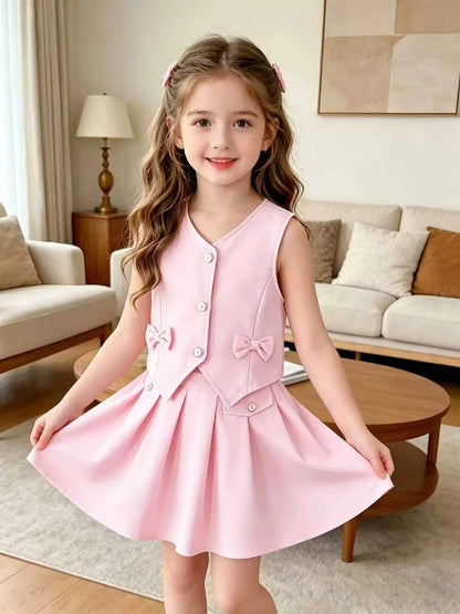 Pink Sleeveless Vest + Pleated Skirt Set
