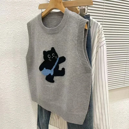 Sweater Vest Casual Embroidered Cartoon O-neck Sleeveless Pullover