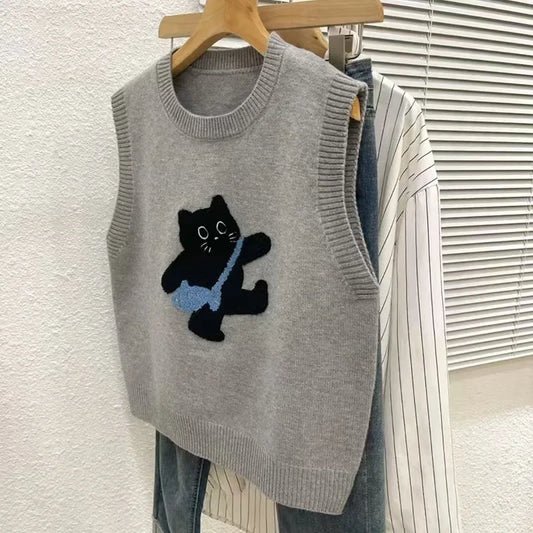 Sweater Vest Casual Embroidered Cartoon O-neck Sleeveless Pullover