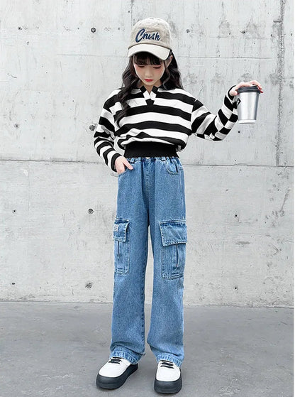 3-12 Years Girls Denim Pants Teenager Wide Leg Pants