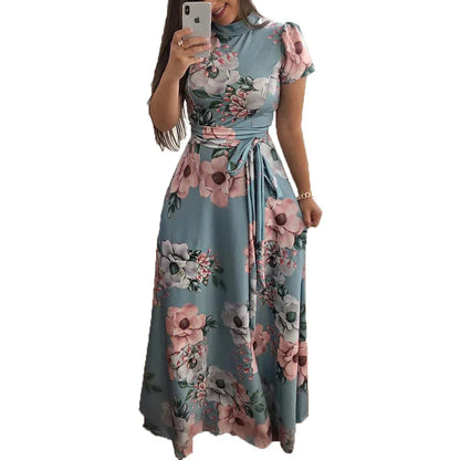 Floral Short Sleeves High Waist Maxi Dress