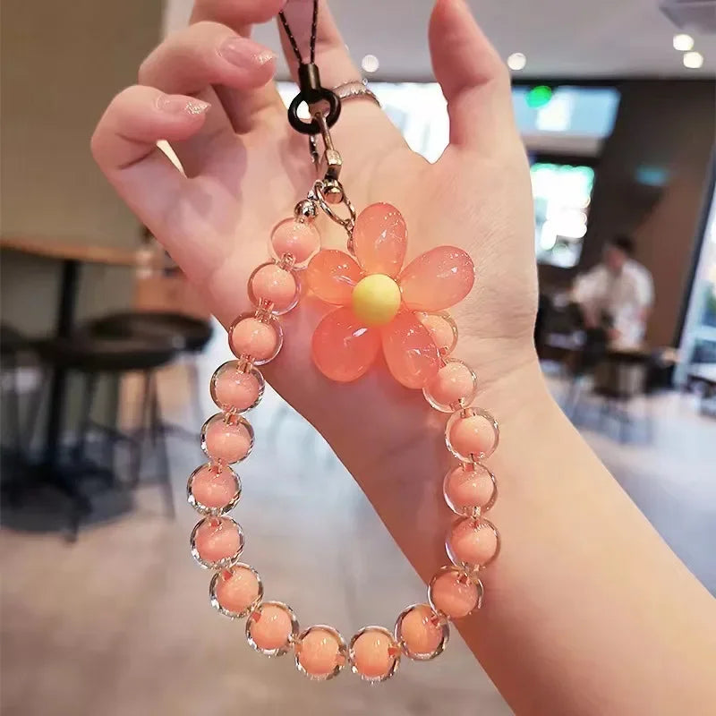 Colored Bead Petal Lanyard for IPhone Anti-Lost Bracelet Case Wrist Strap