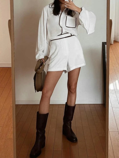 Elegant Cotton Linen Long-Sleeved Shirt Shorts Set