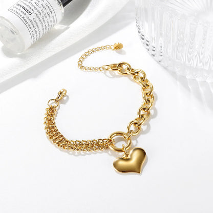 Statement Heart Pendant Stainless Steel Gold Metal Texture Bracelet