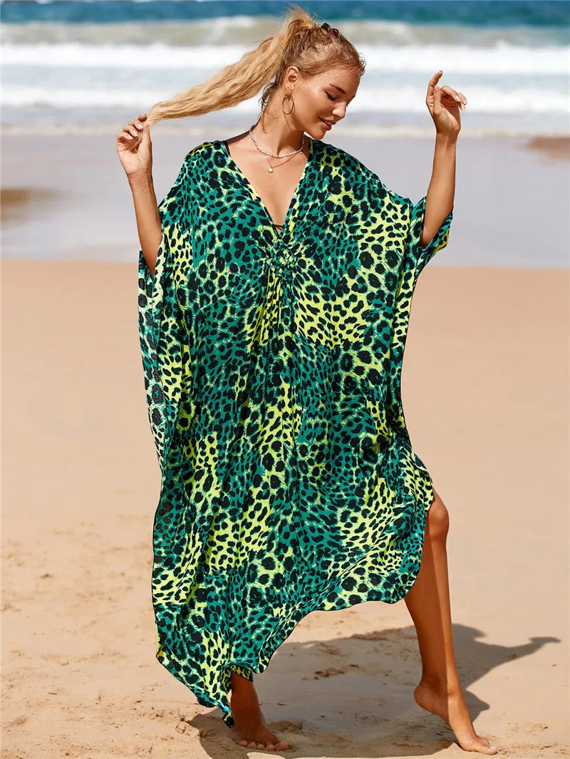 Plus Size Animal Print V-Neck Batwing Kaftan Beach Dress