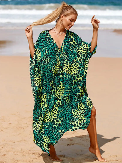 Plus Size Animal Print V-Neck Batwing Kaftan Beach Dress