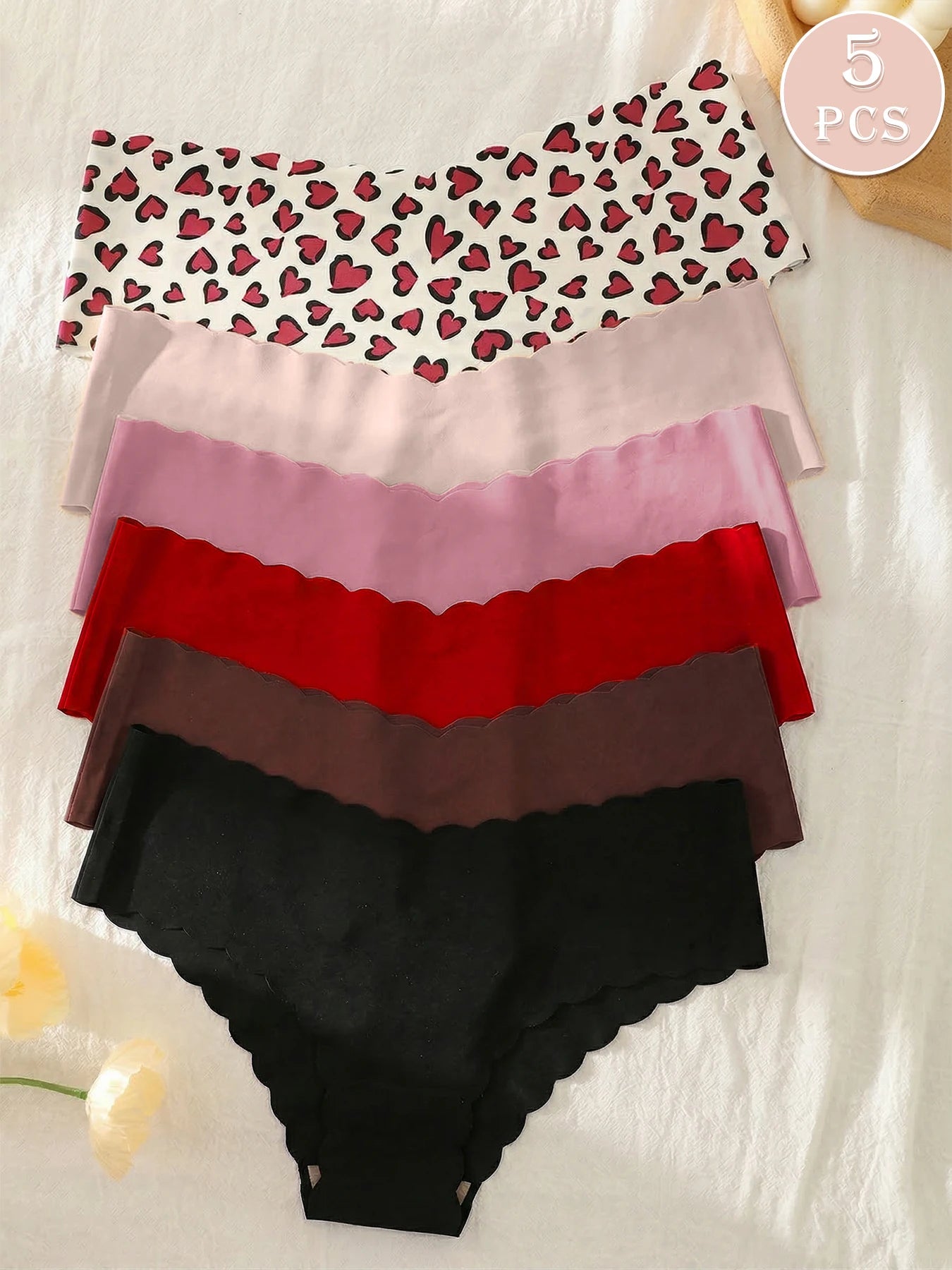 6 Pack Seamless Briefs Heart Print Scalloped Edge Underwear
