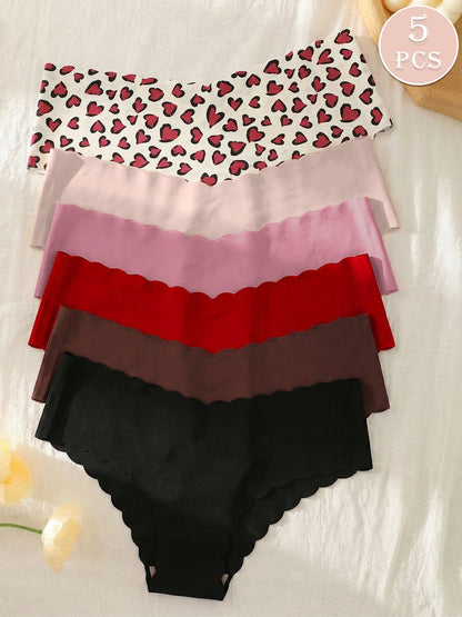 6 Pack Seamless Briefs Heart Print Scalloped Edge Underwear