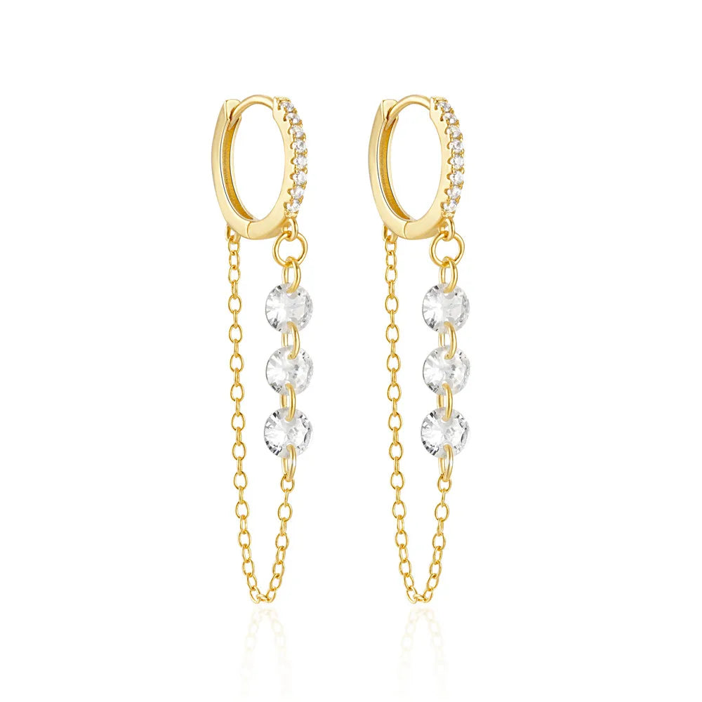 925 Sterling Silver Three Zircon Drop Long Chain Gold Hoop Buckle Piercing Earrings