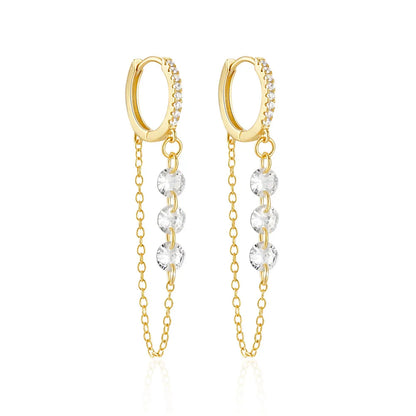 925 Sterling Silver Three Zircon Drop Long Chain Gold Hoop Buckle Piercing Earrings