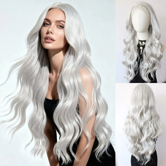 Long Wavy White Synthetic Lace Front Wig