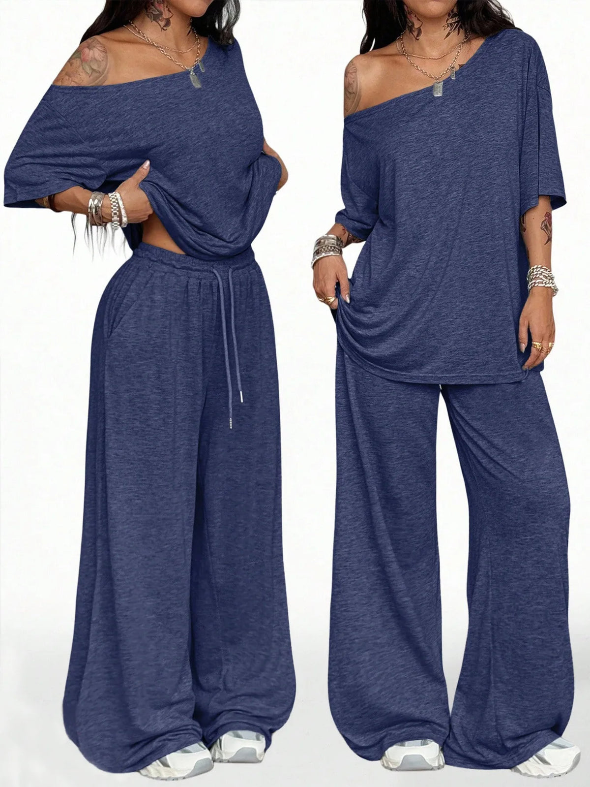 Casual Sports Loose Fit with Slanted Hem and Wide Leg Pants Set