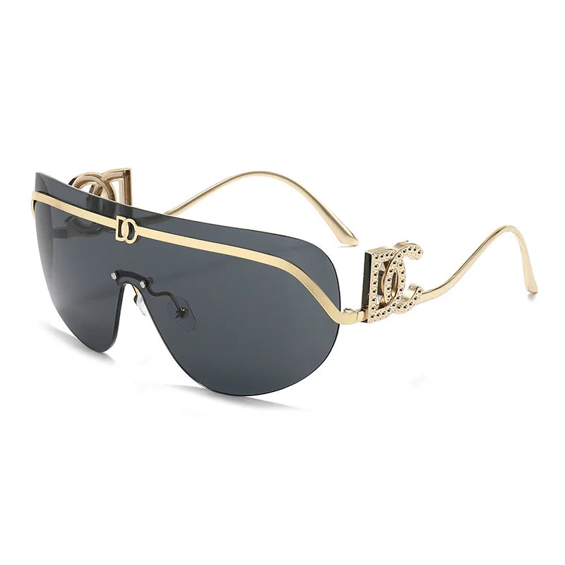 Rimless Shield Aviator Gold Metal Frame Sunglasses