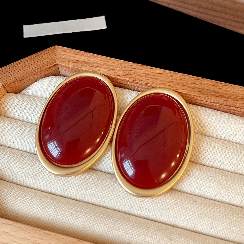 Vintage Red Resin Stud large Geometric Oval earrings