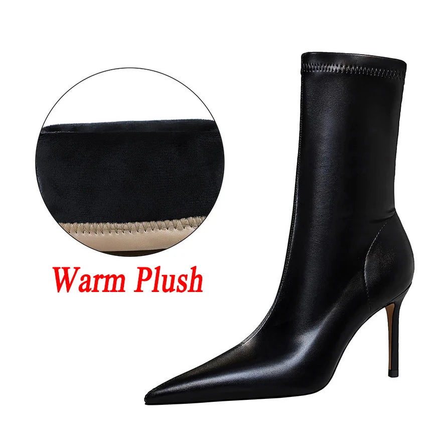 7.5cm 10cm High Heels Leather Short Ankle Boots