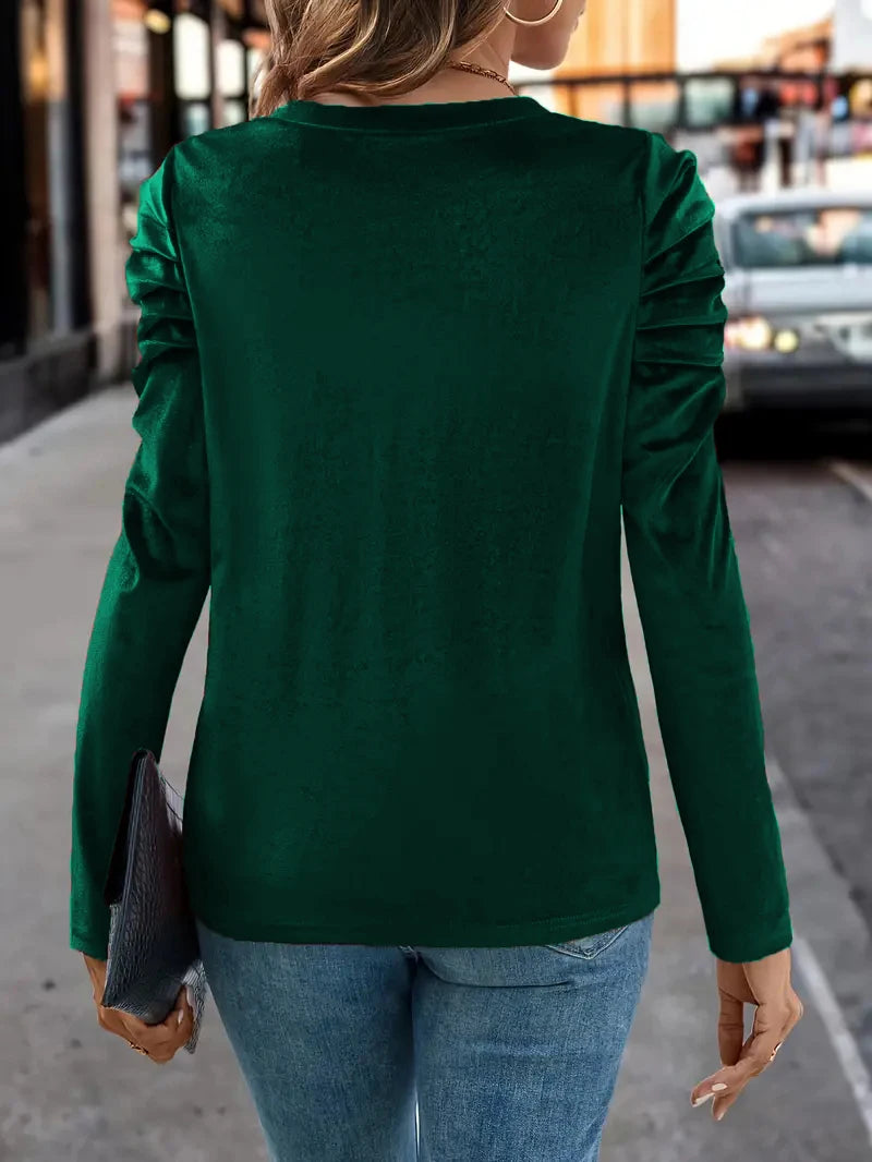 Autumn Round Neck Puff Long Sleeve Velvet Fashion Top T-shirt