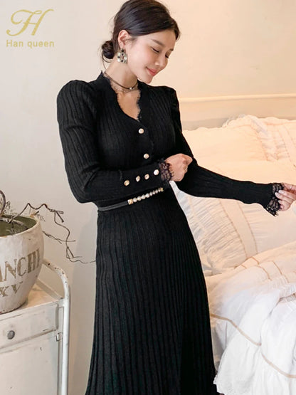 Queen Stitching Lace Long Slim Casual Dress Set