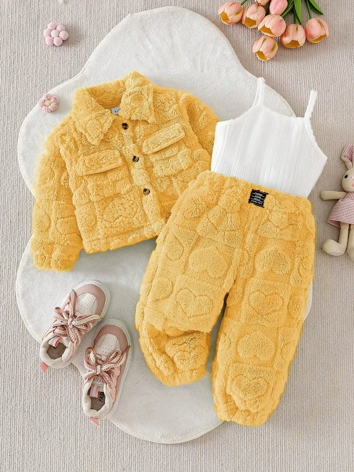 Baby girl casual pink plush long sleeved jacket Set