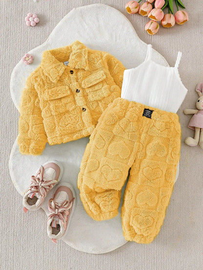 Baby girl casual pink plush long sleeved jacket Set
