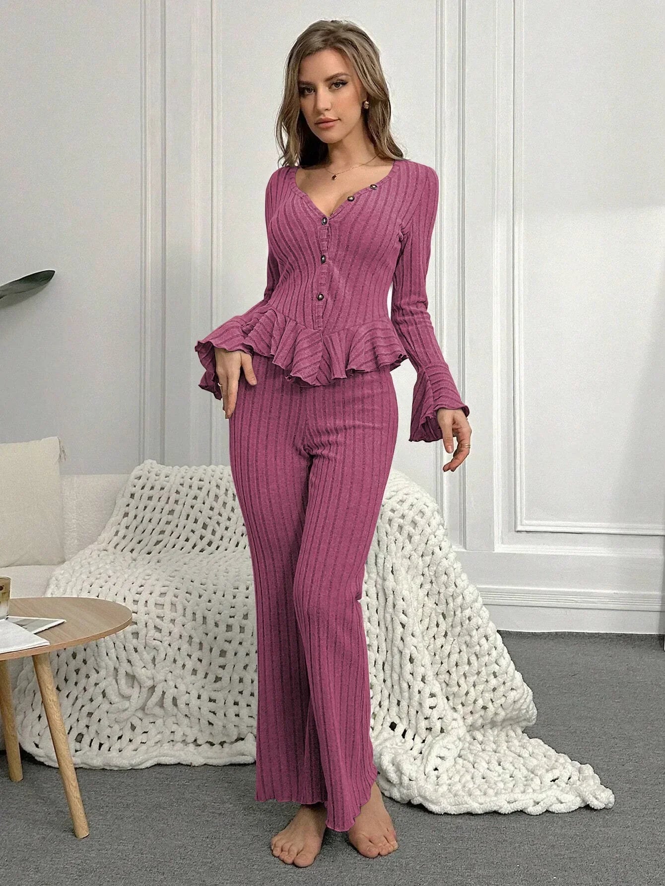 Sexy V Neck Long Sleeve Pyjamas Set