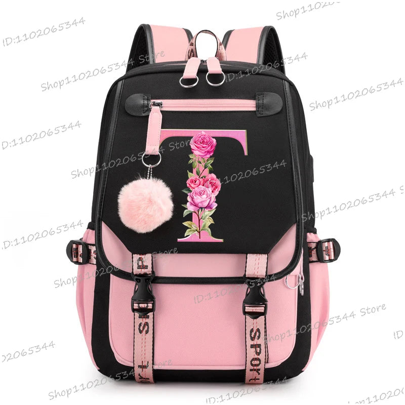 Black Pink Backpacks 26 Initials Flower A-Z Alphabet Large Capacity Students Bookbag