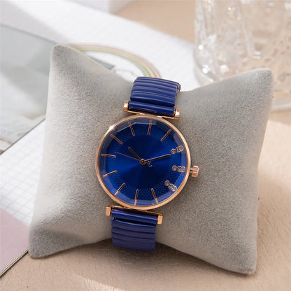 Luxury Treasure Blue Crystal Quartz Casual Stainless Steel Stretch Strap Watch