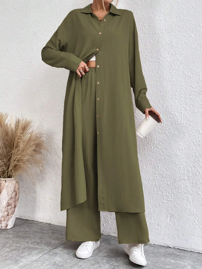 French Style Casual Long Sleeve Loose Fit Lapel Collar and Wide Leg Pants