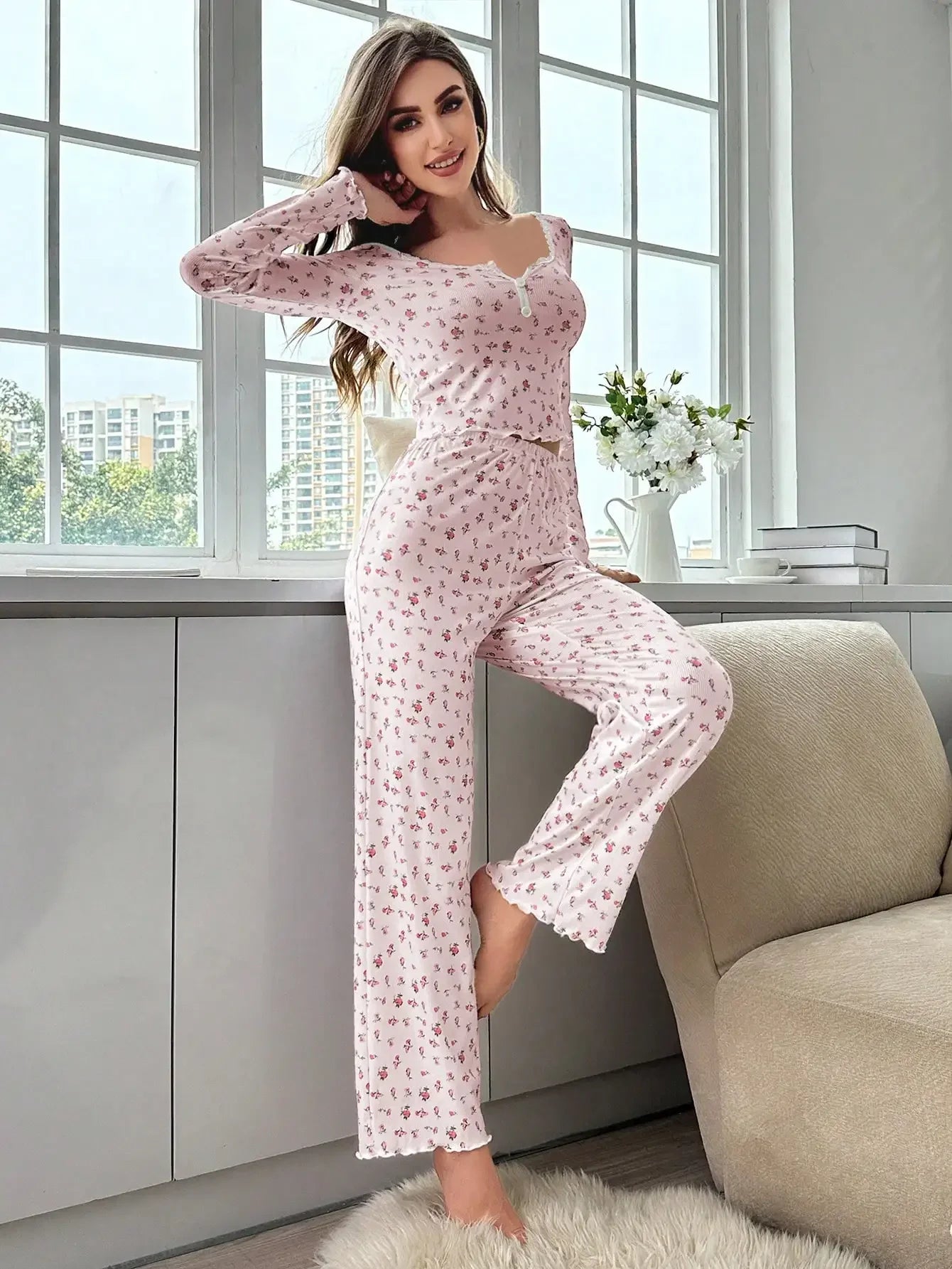 Floral Long-Sleeve Cotton Pyjamas Set