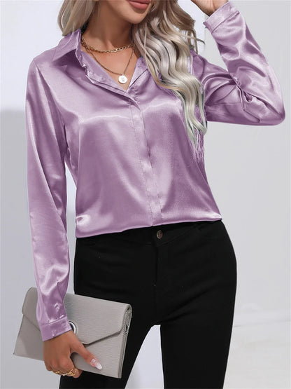 Elegant Turn-Down Collar Satin Long Sleeve Blouse