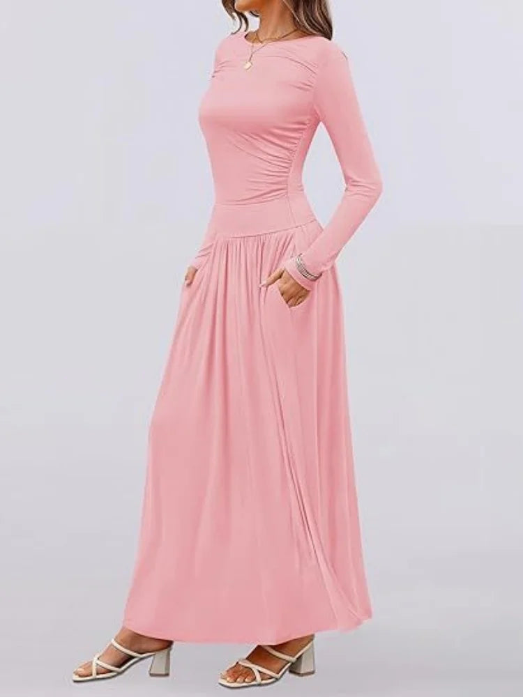 Long Sleeve Maxi Fit Ruched Casual Wear Dress