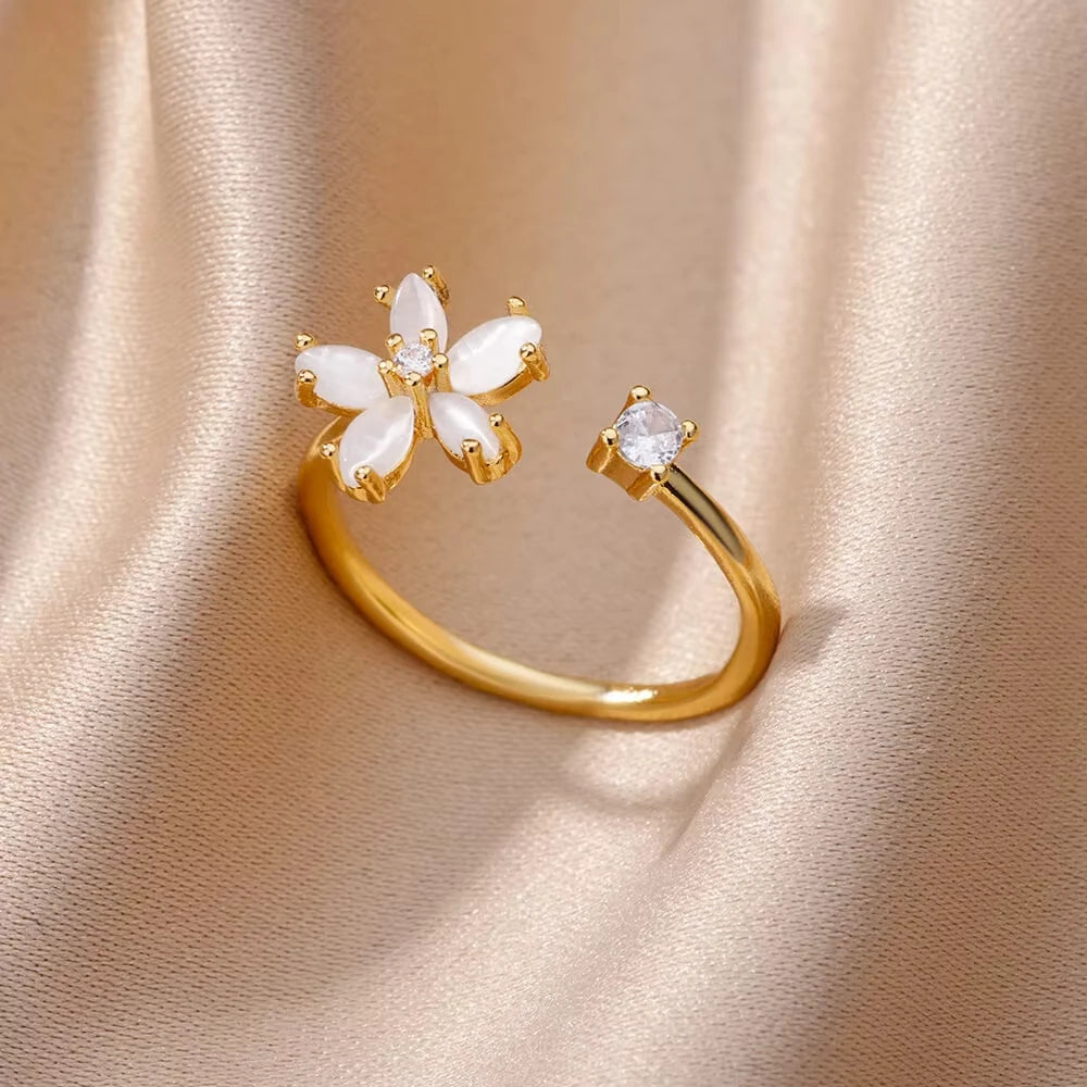 Chain Hollow Out Gold Stainless Steel Zircon Cross Ring
