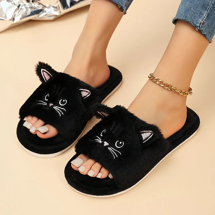 Fluffy Flat Cat Cartoon Luxury Slippers