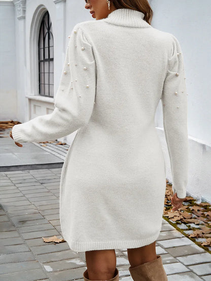 Elegant Knitted Warm Thick Slimming Pearl Long Sleeve Wrap Hip Dress