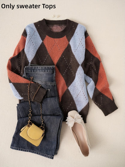 Classic diamond plaid contrast color pullover sweater