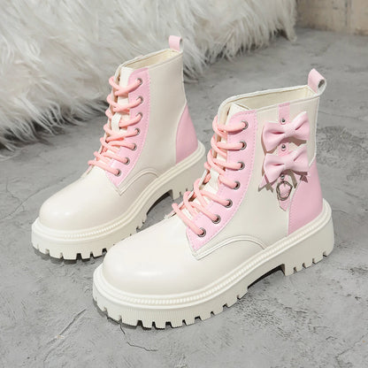 Sweet Pink Bowknot Mix Color Ankle Thick Bottom Lace Up Boots